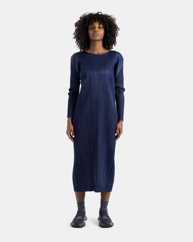 Issey Miyake Women's Navy Pleated Long-Sleeved Midi Dress Navy