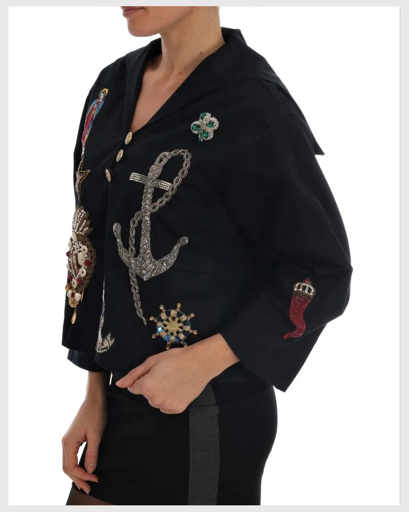 Dolce & Gabbana Women Blue Crystal Mamma Sicily Jacket Cotton Clothing Blue