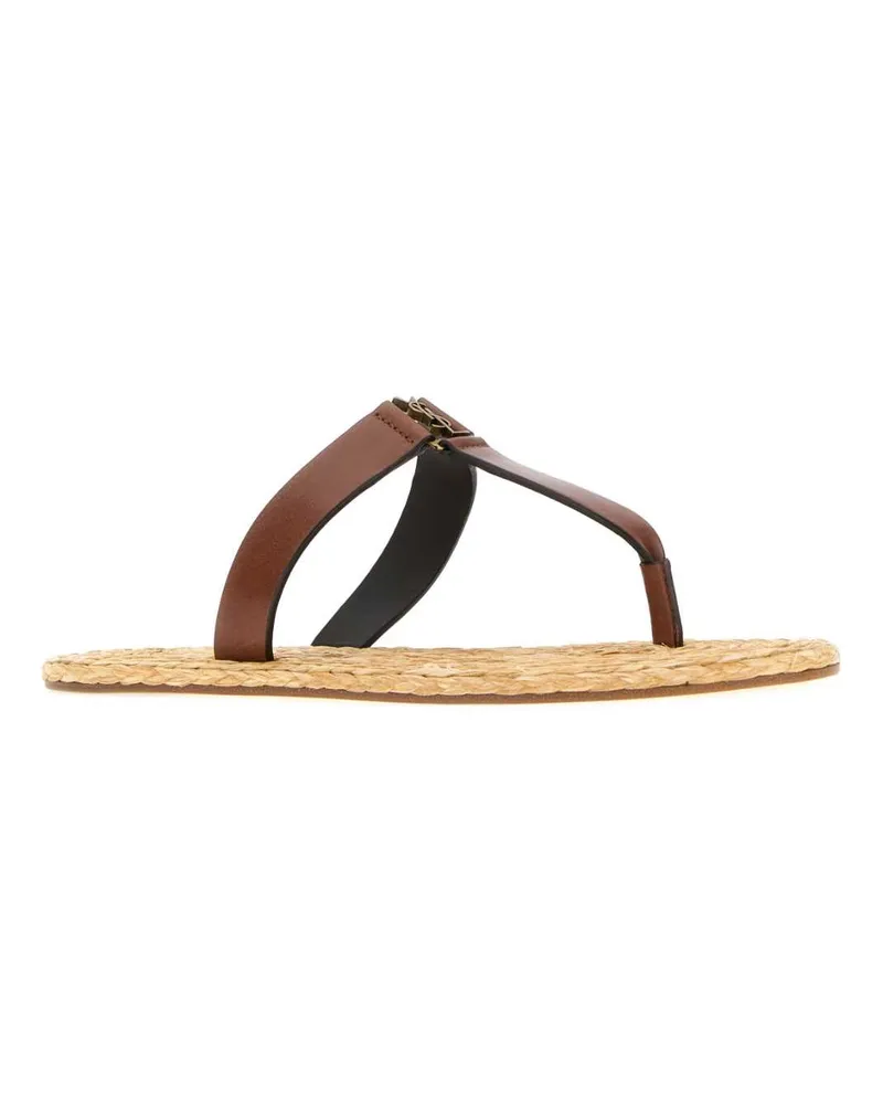 Saint Laurent Women's Brown Leather Babylone Thong Slippers Bruciato Flat Shoes Brown