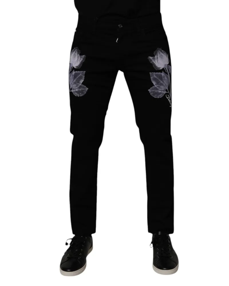 Dolce & Gabbana Black Floral Cotton Skinny Men Denim Jeans Elastane Clothing Black