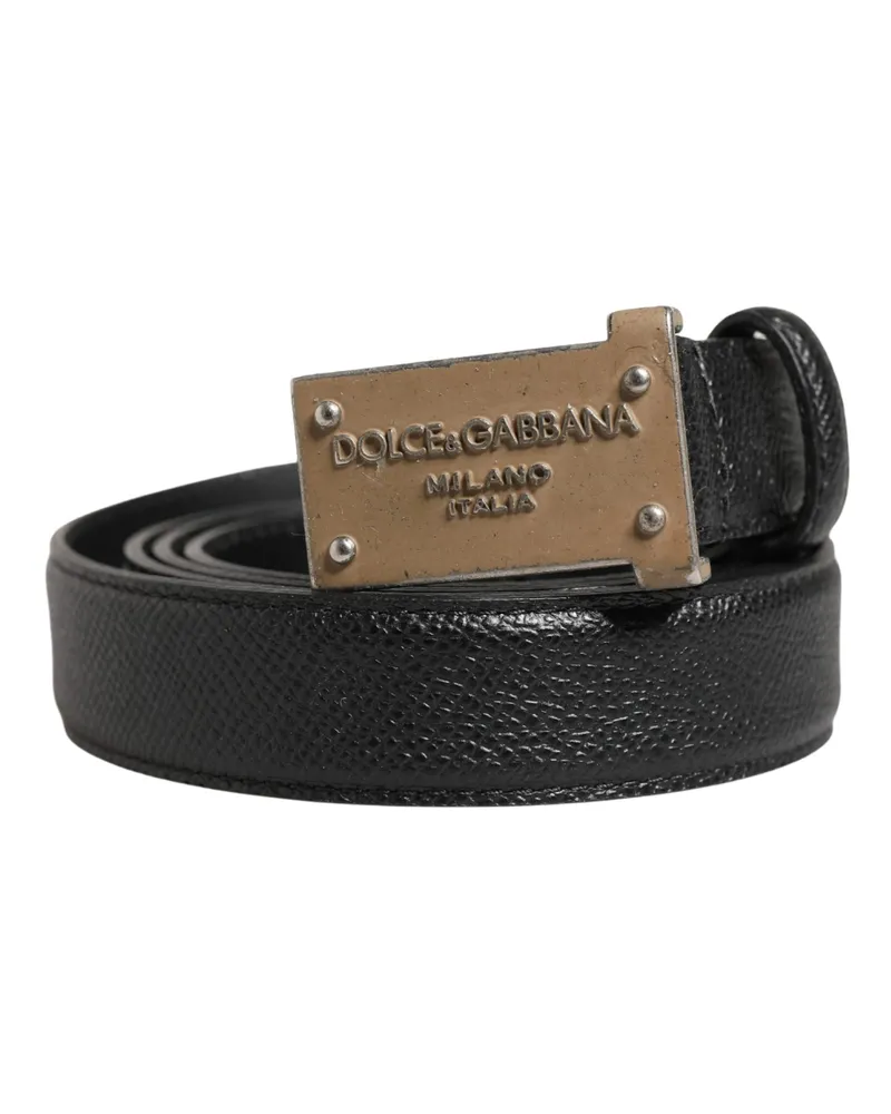 Dolce & Gabbana Men Black Calf Leather Logo Metal Buckle Belt Black