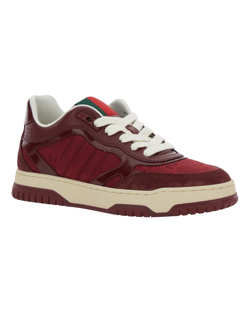 Gucci Women's Red Low Top Sneakers With Web Tongue Bordeaux Calf & Textile Trainers Bordeaux