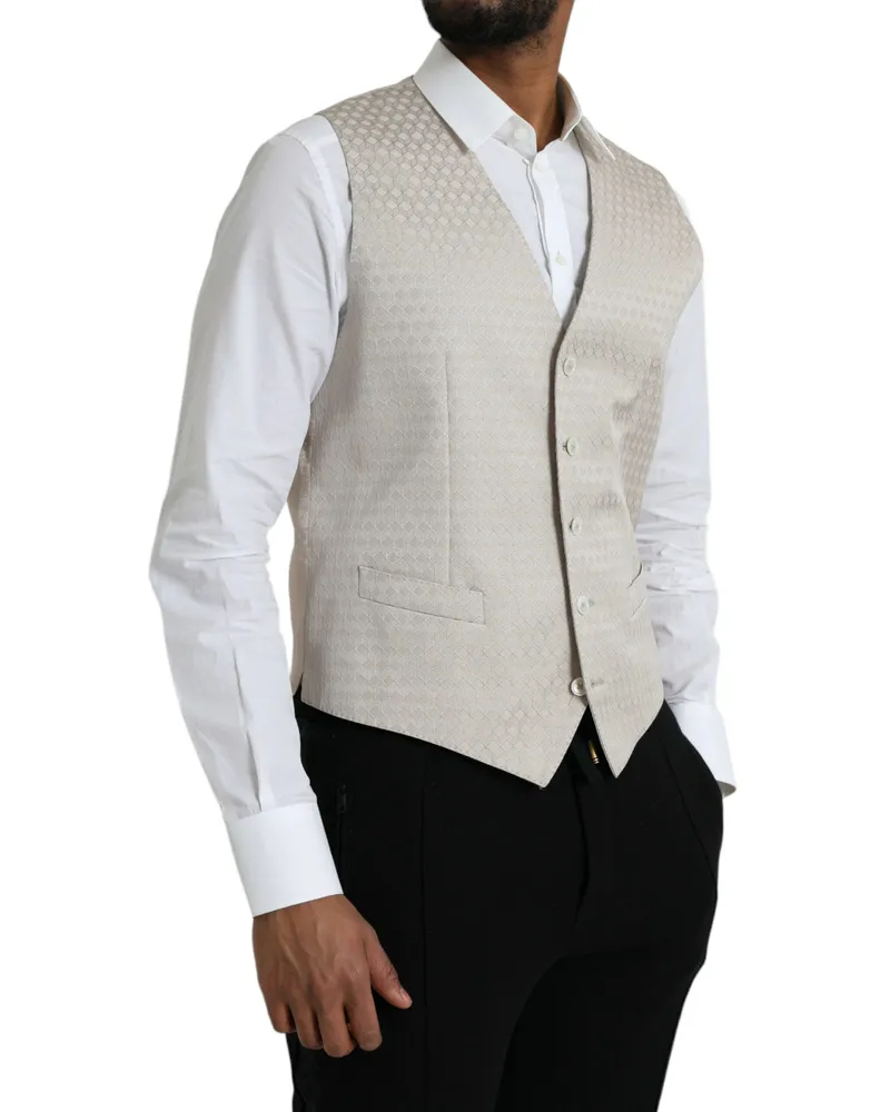 Dolce & Gabbana Men's Off White Cotton Waistcoat Dress Formal Vest Silk Polyester White