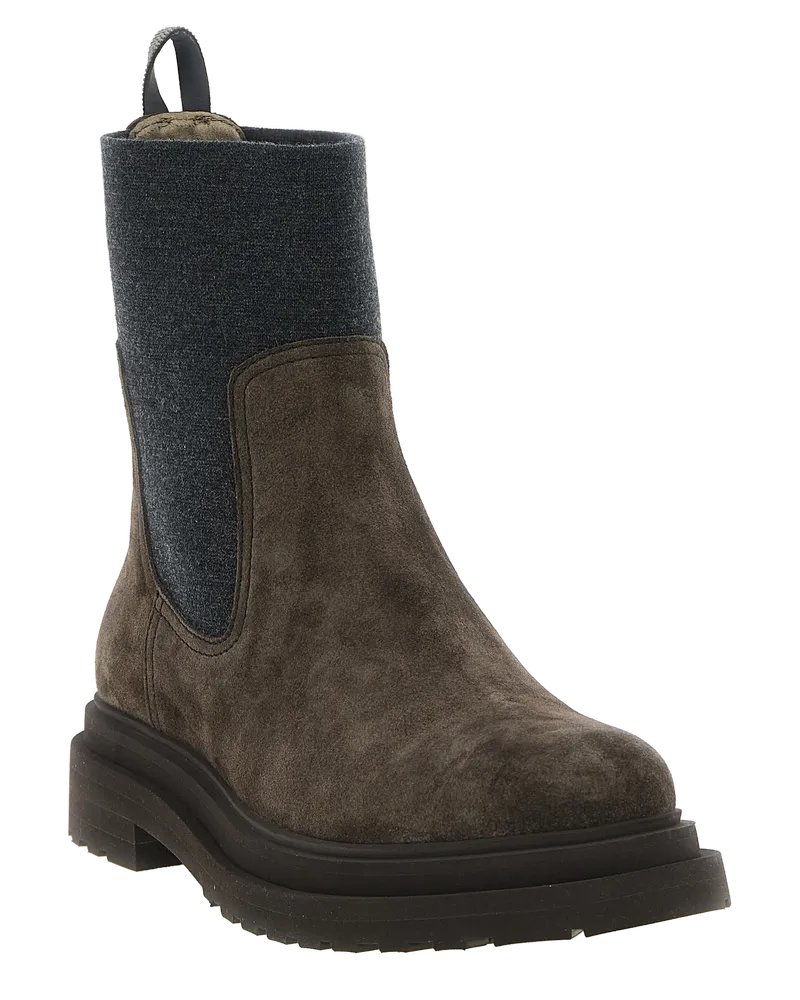 Brunello Cucinelli Calfskin and Knit Ankle Boot — Brown Brown