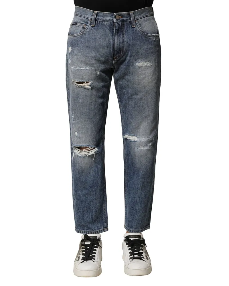 Dolce & Gabbana Men's Blue Washed Tattered Straight Fit Denim Jeans Cotton Clothing Blue