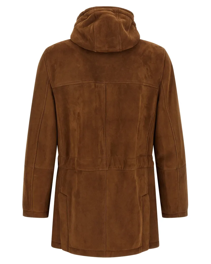 Brunello Cucinelli Suede Parka with Shearling Lining Coat — Brown Brown