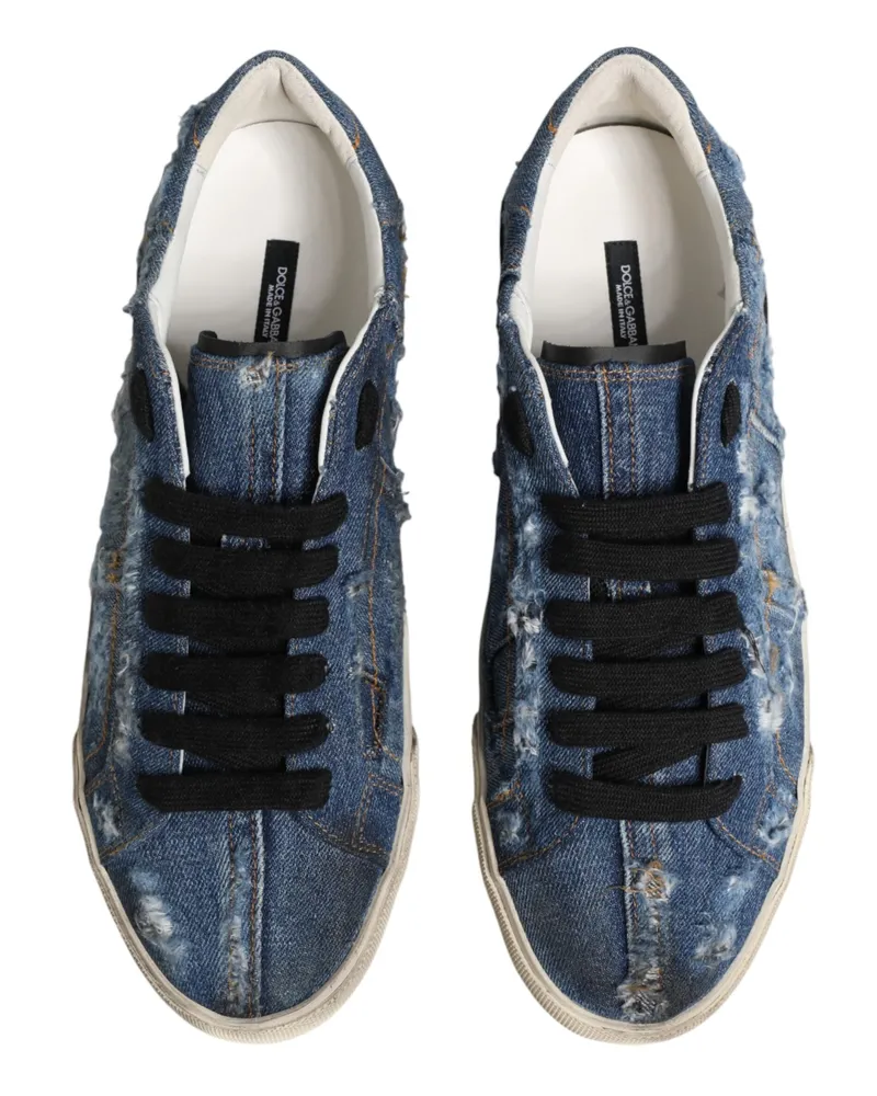 Dolce & Gabbana Men's Blue Distressed Denim Low Top Sneakers Shoes Blue