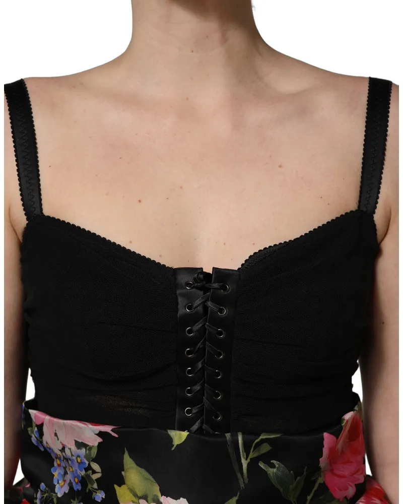 Dolce & Gabbana Women's Black Sleeveless Bustier Floral Print Tiered Dress Cotton Elastane Nylon Silk Black