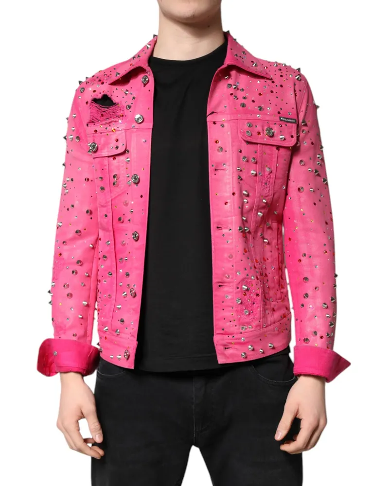 Dolce & Gabbana Men Pink Crystal Embellished Cotton Denim Jacket Elastane Clothing Pink