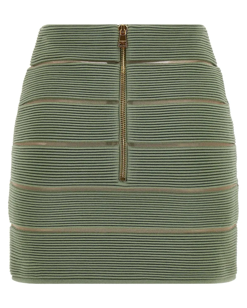 Balmain Ribbed Viscose with Mesh Inserts Skirt — Sage Green Sage
