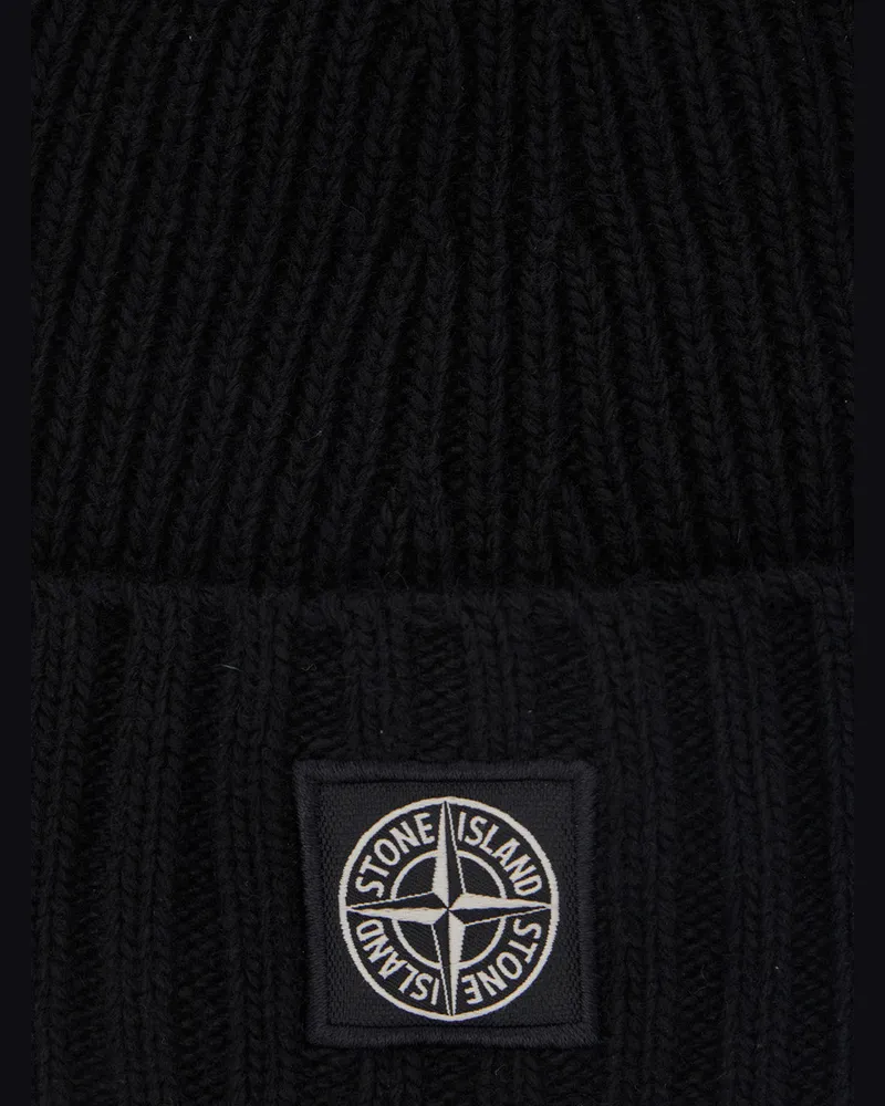 Stone Island K2S16N100003S00M3 Logo-Patched Virgin Wool Beanie — Black Black