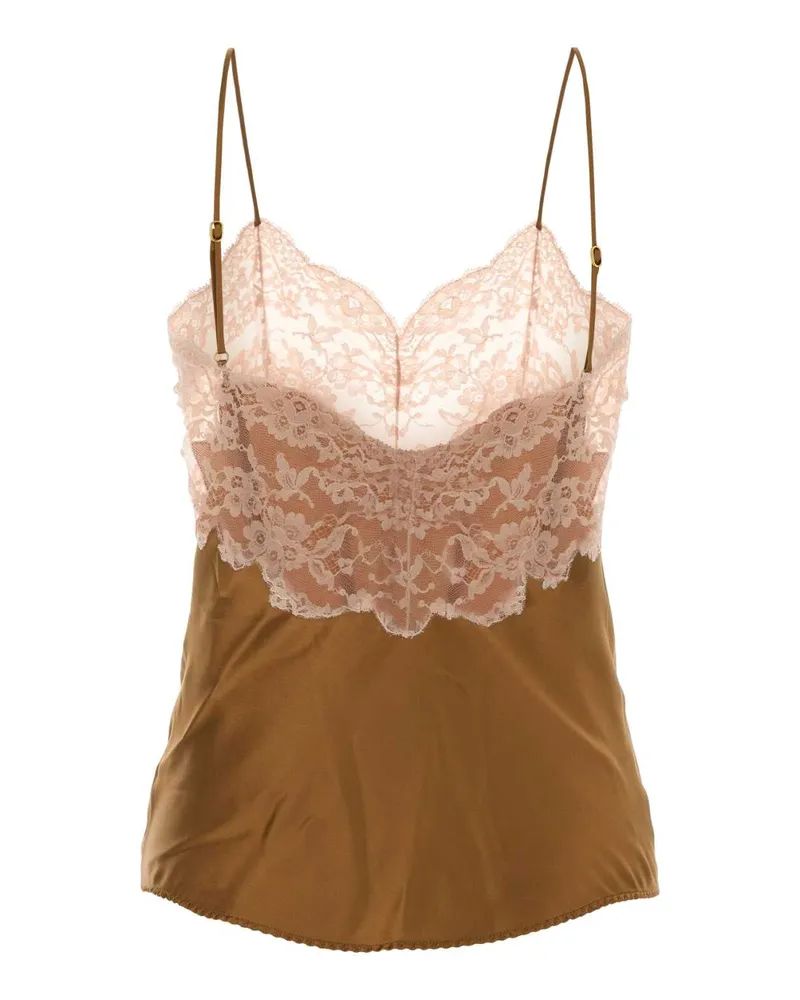 Saint Laurent Lace-Trimmed Silk Tank Top — Camel Camel