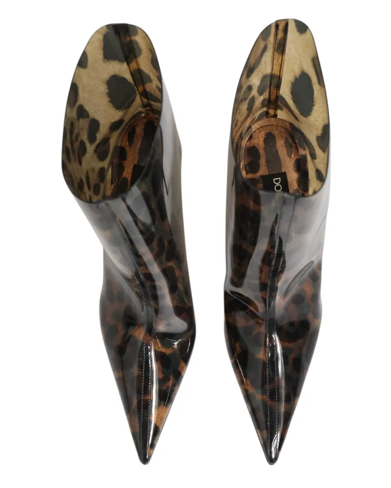 Dolce & Gabbana Women's Leopard Print Pvc Pointed Toe Boots Shoes Brown With Leather Details Brown