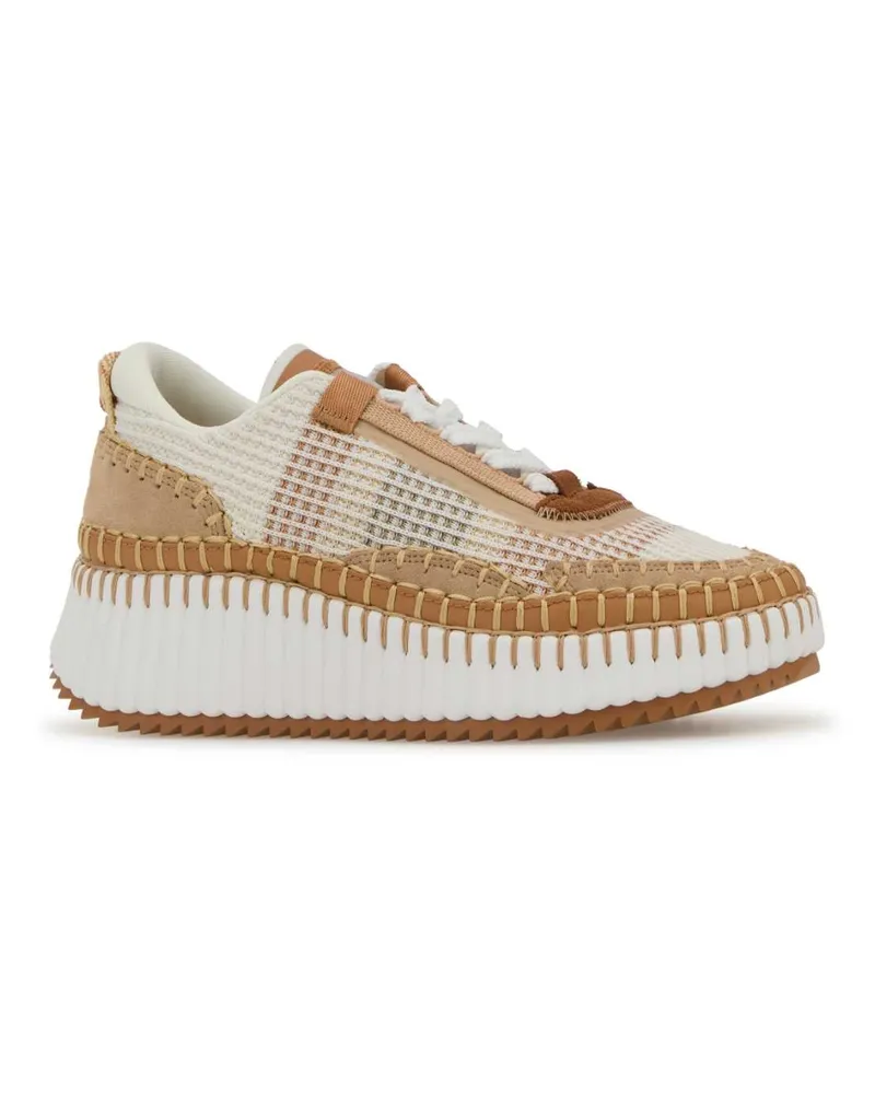 Chloé Mixed-Material Low-Top Sneaker — Brown Brown