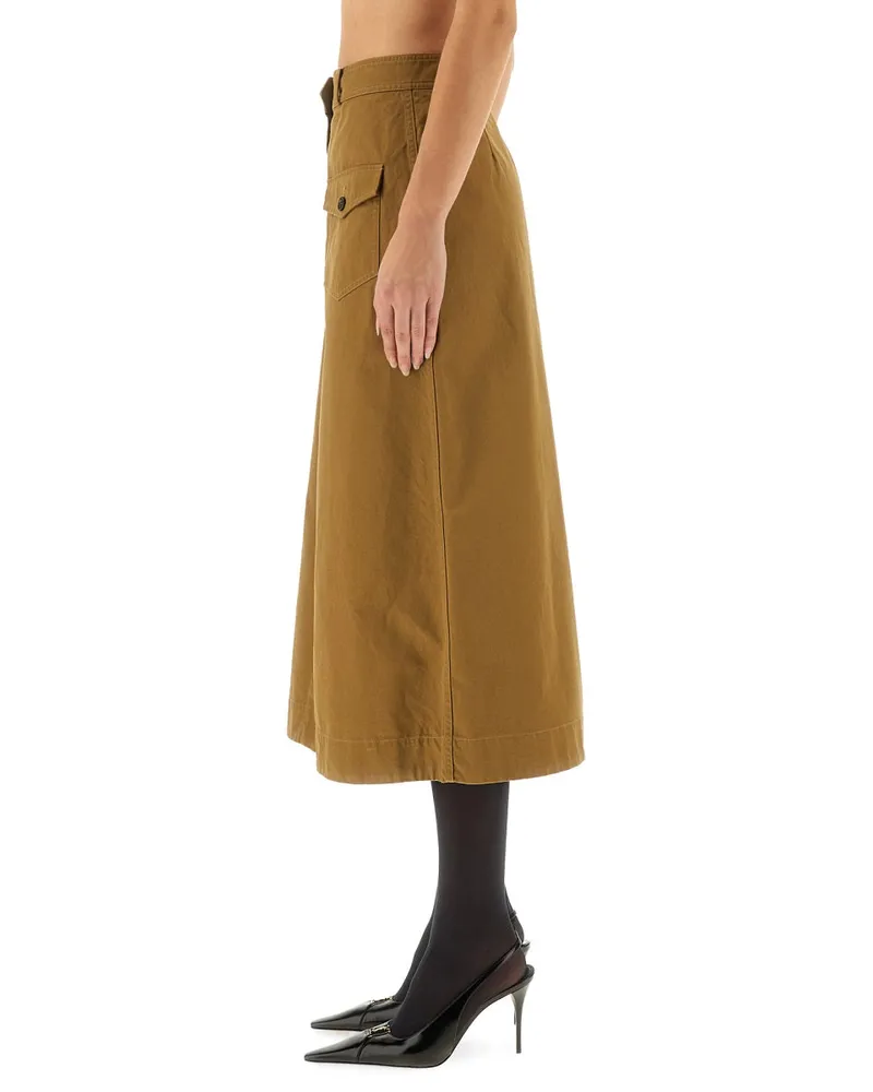 Saint Laurent Button-Front Cotton Midi Skirt — Beige Beige