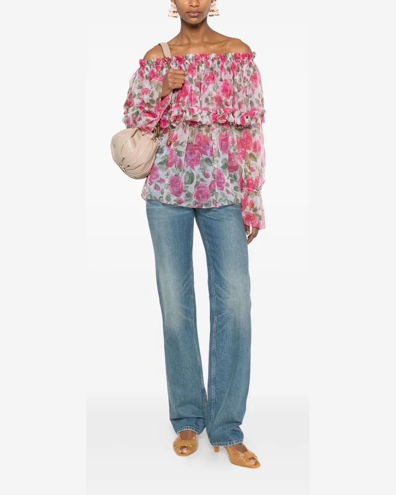 Chloé Printed Silk Rose Blouse — Pink Pink