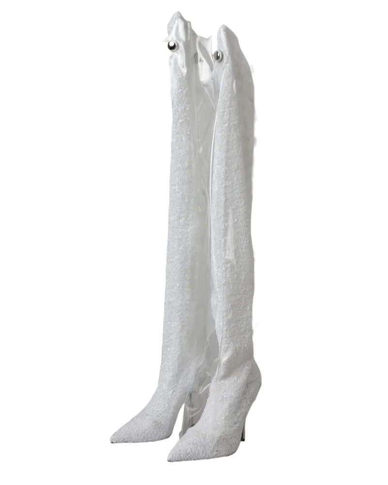 Dolce & Gabbana Women's White Heels Stiletto Knee High Boots Shoes Polyester Pu White
