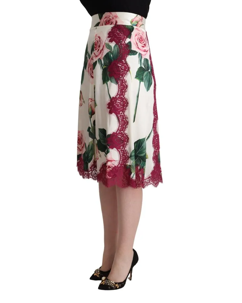 Dolce & Gabbana Women's White Rose Print High Waist Midi A-Line Skirt Silk Cotton Nylon Elastane White