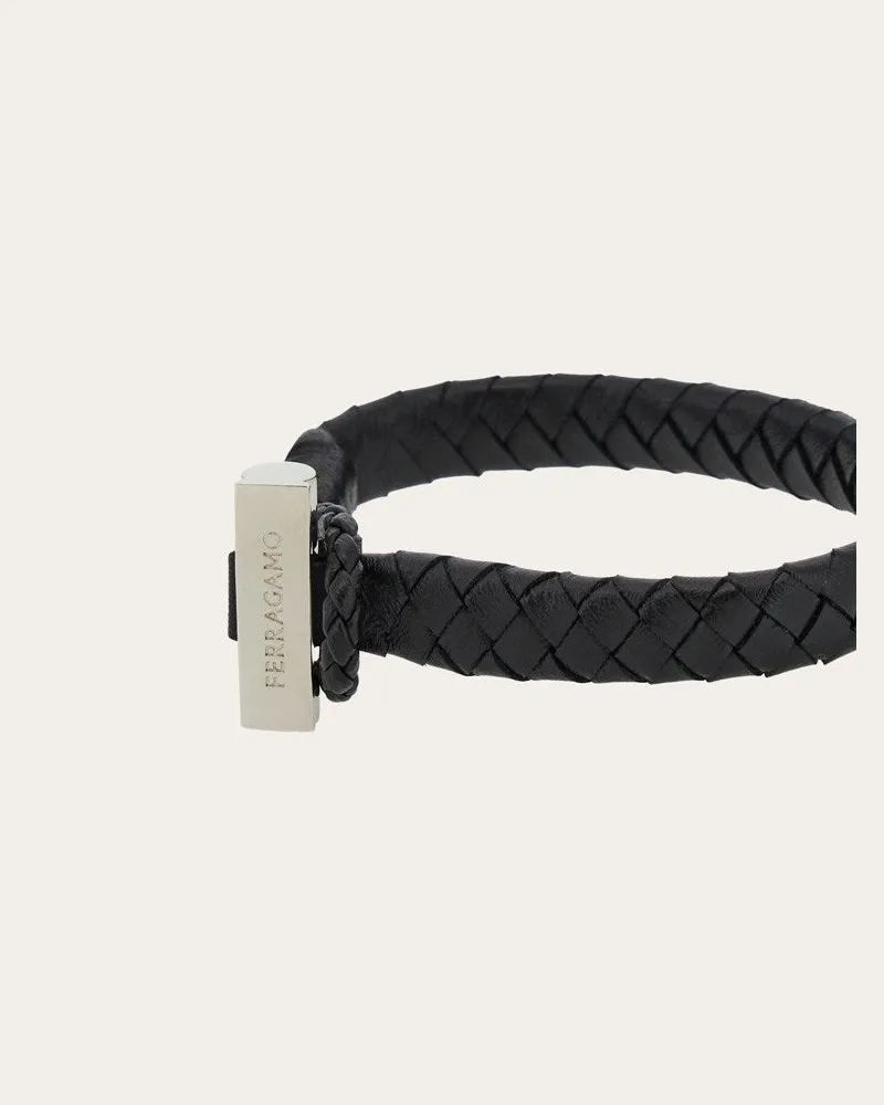 Ferragamo Mens Black Leather Braided Bracelet Bijoux Black