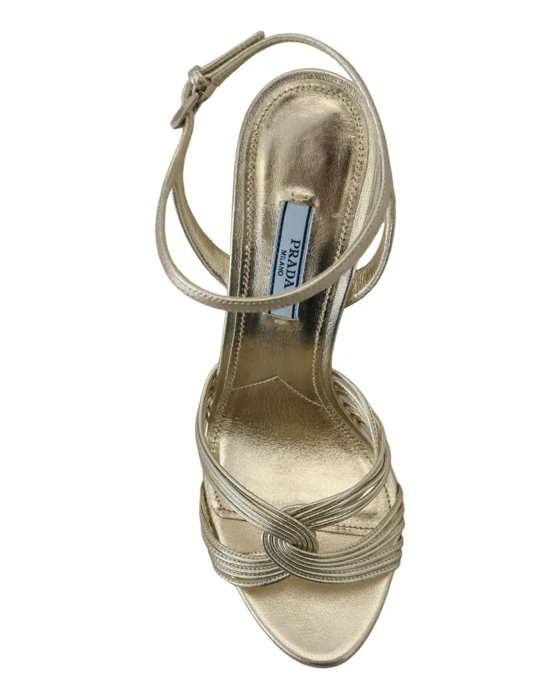 Prada Women's Gold Leather Sandals Ankle Strap Heels Stiletto And Havana Gold