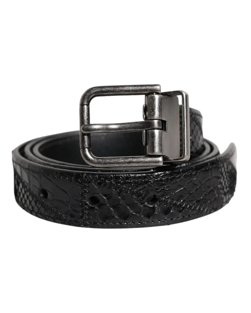 Dolce & Gabbana Men's Black Exotic Leather Metal Logo Buckle Belt Black