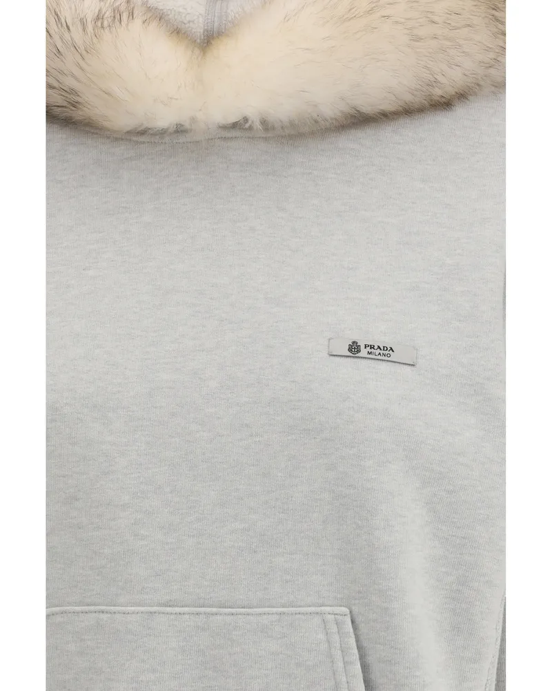 Prada Women's Hoodie Shearling-Lined Grey Melange Cotton Sweatshirts Sweater Gray