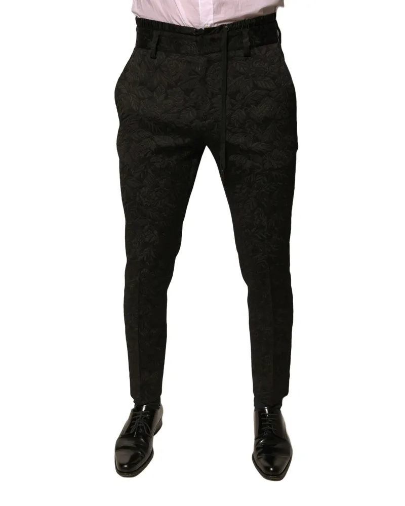 Dolce & Gabbana Black Brocade Polyester Skinny Men Dress Pants Black