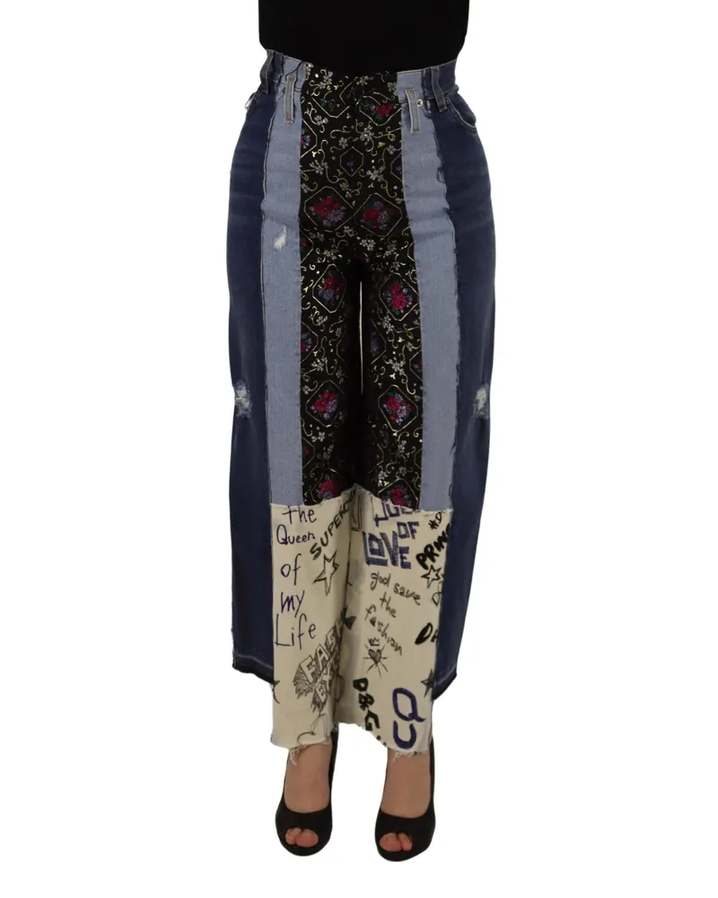 Dolce & Gabbana Women Multicolor Patchwork Dg Fashion Wide Leg Denim Pant Cotton Blue