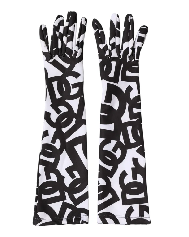 Dolce & Gabbana Women Black White Dg Logo Elbow Length Mitten Gloves And 10+pl Black
