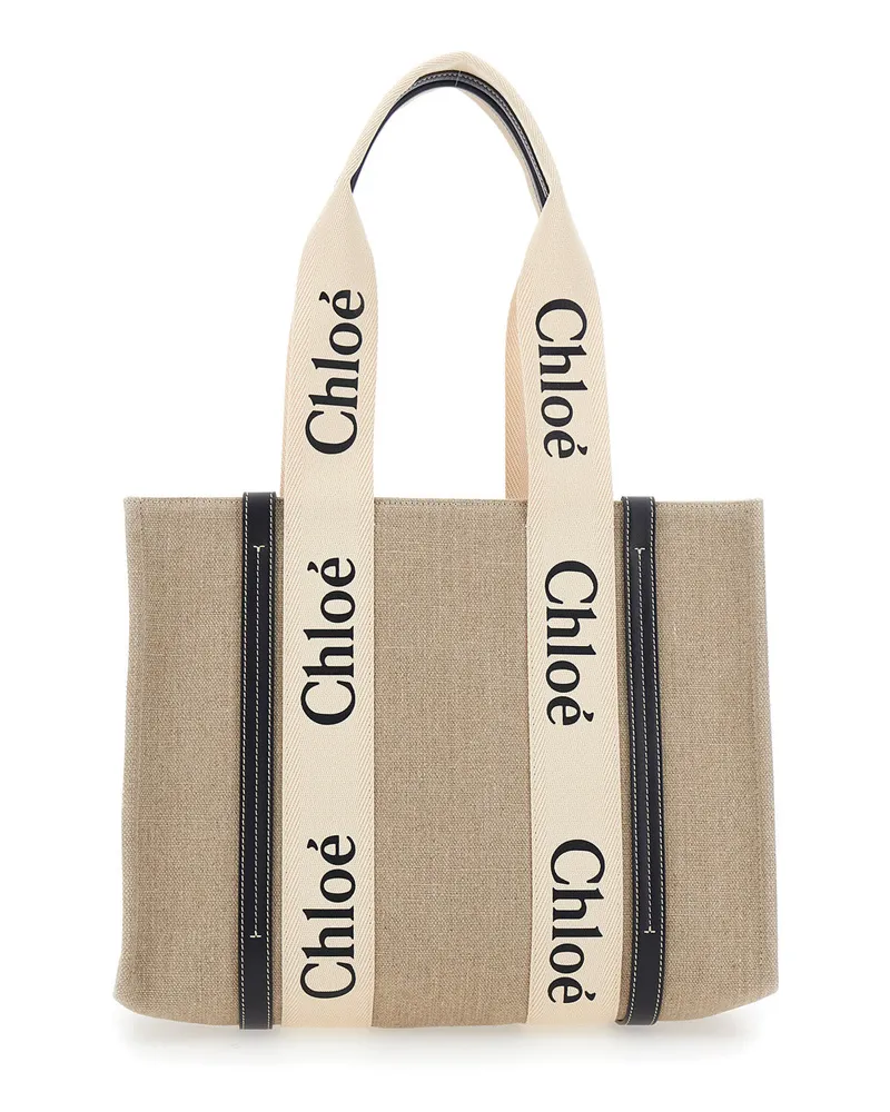 Chloé Women's Handbag Medium Woody Beige Linen Tote Bags Beige