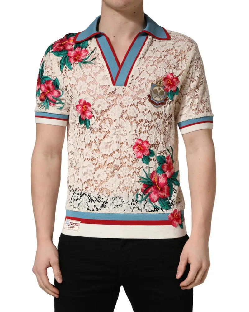 Dolce & Gabbana Men Floral Lace Polo Beige Cotton Nylon Viscose Beige