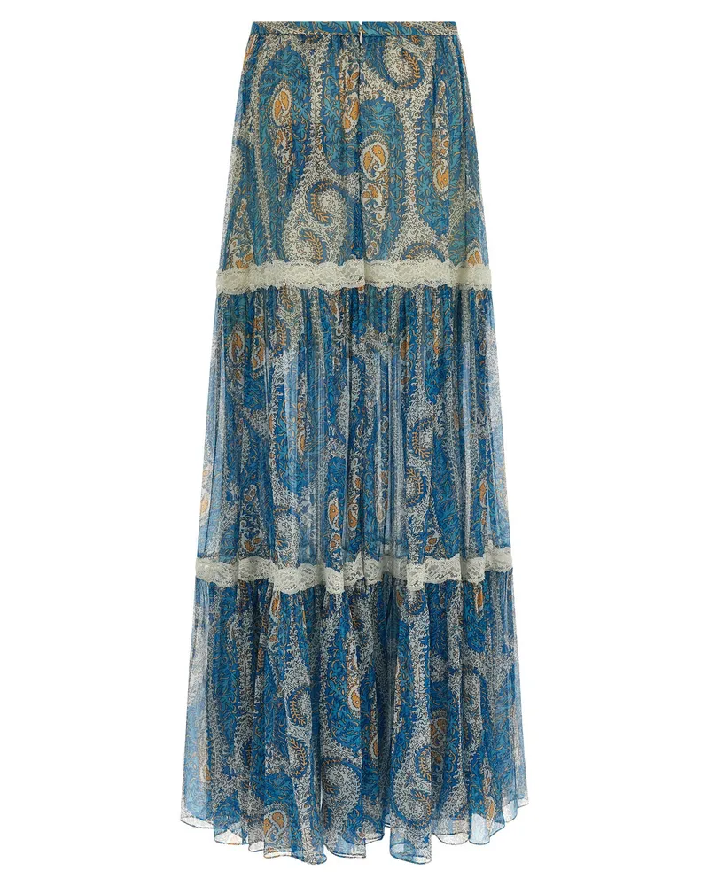 Etro Lace-Insert Patterned Silk Skirt — Blue Blue