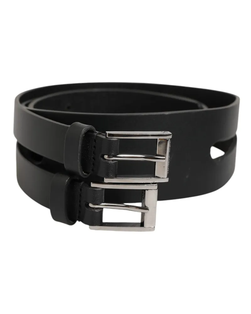 Dolce & Gabbana Men's Black Double Strap Leather Silver Buckle Belt 100lf Black