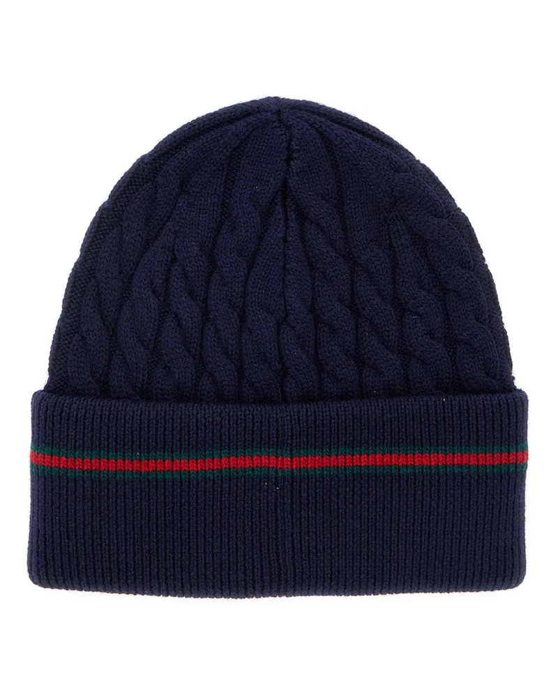 Gucci Boys' Blue Beanie With Web Detail Wool Hat Navy