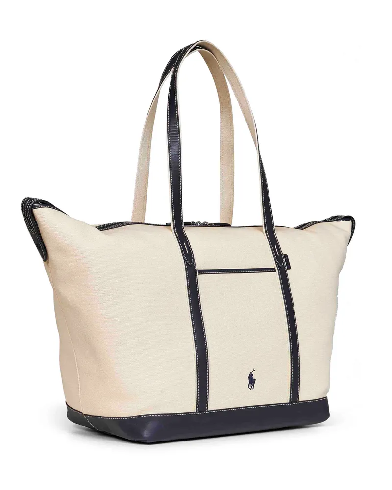 Ralph Lauren Women's Large Tote Shopper Ecru-Navy Ivory Cotton Shoulder Bags Beige