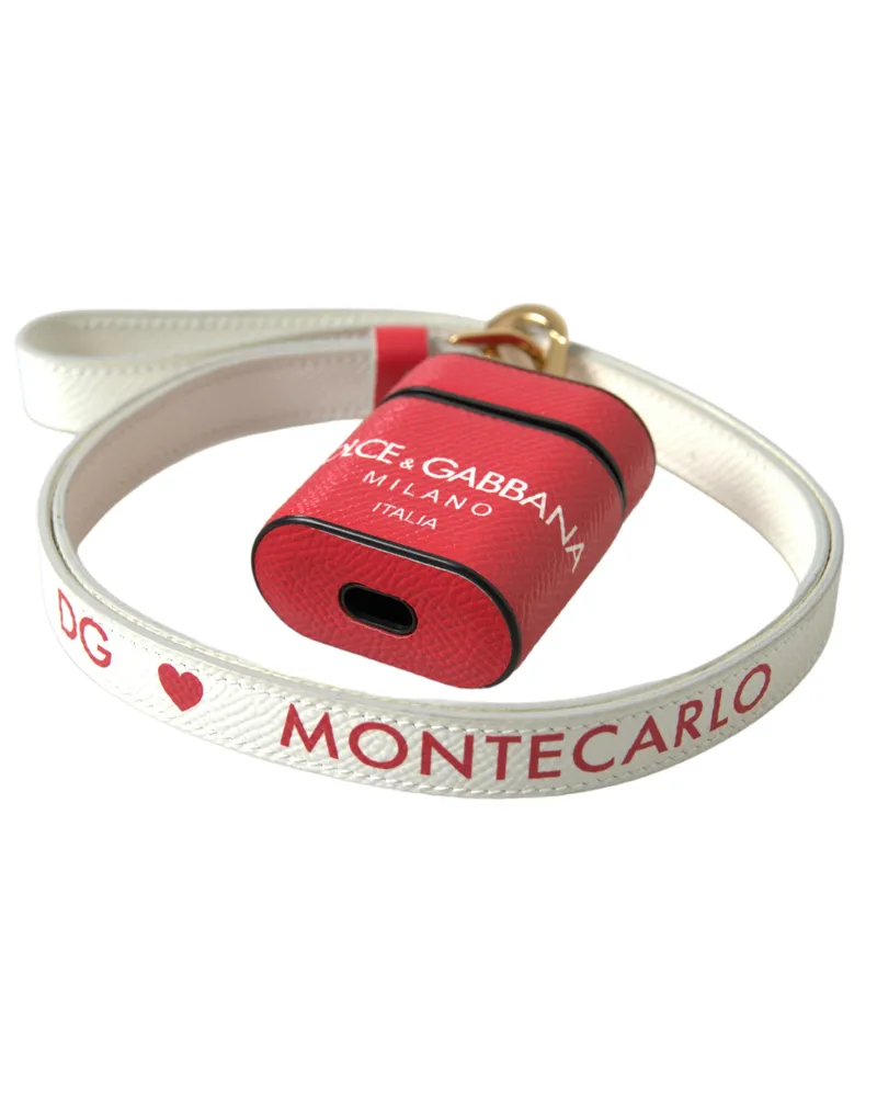 Dolce & Gabbana Women's Red Leather Gold Tone Metal Logo Print Strap Airpods Case Calf Accessory Red