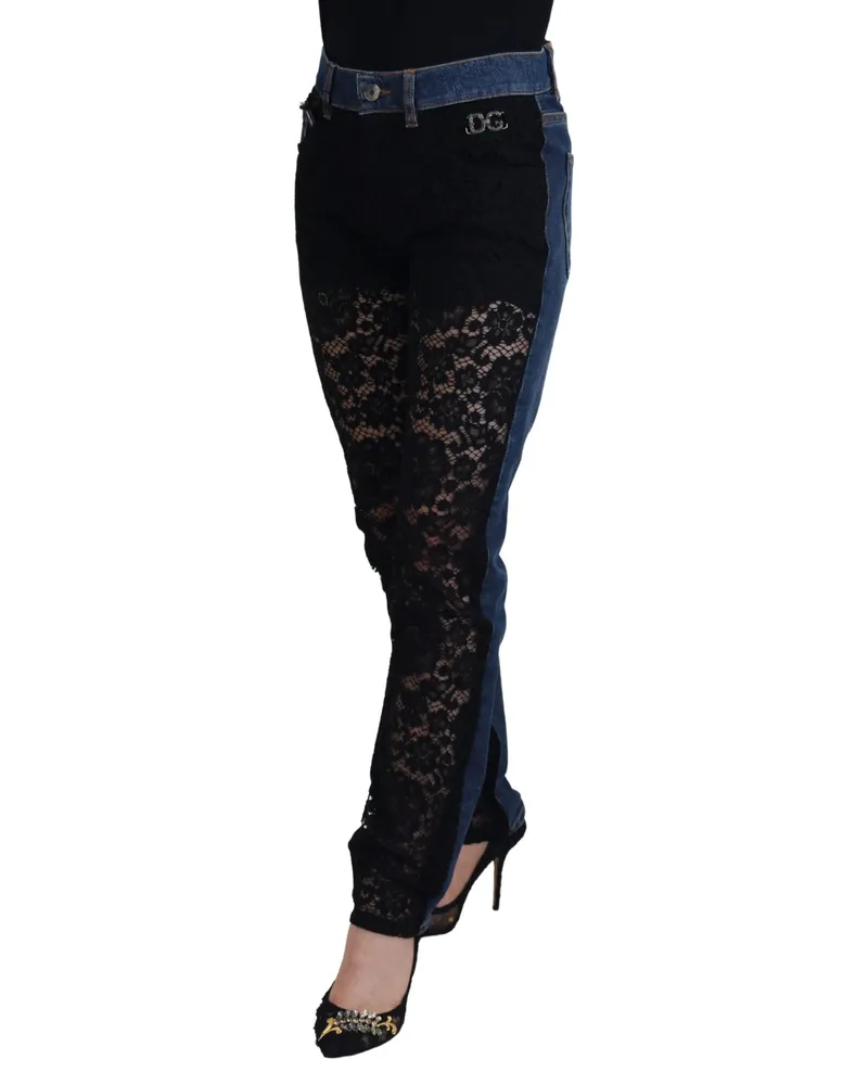 Dolce & Gabbana Women's Black Floral Lace Front Skinny Denim Jeans And Blue Cotton Clothing Black