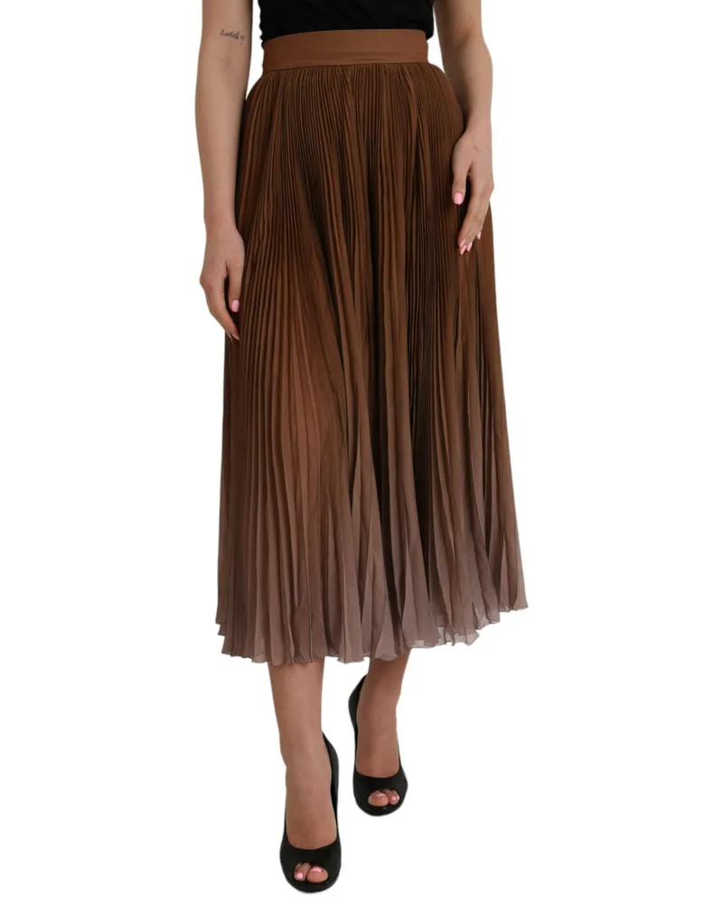 Dolce & Gabbana Women Brown Polyester Pleated High Waist Midi Skirt Brown
