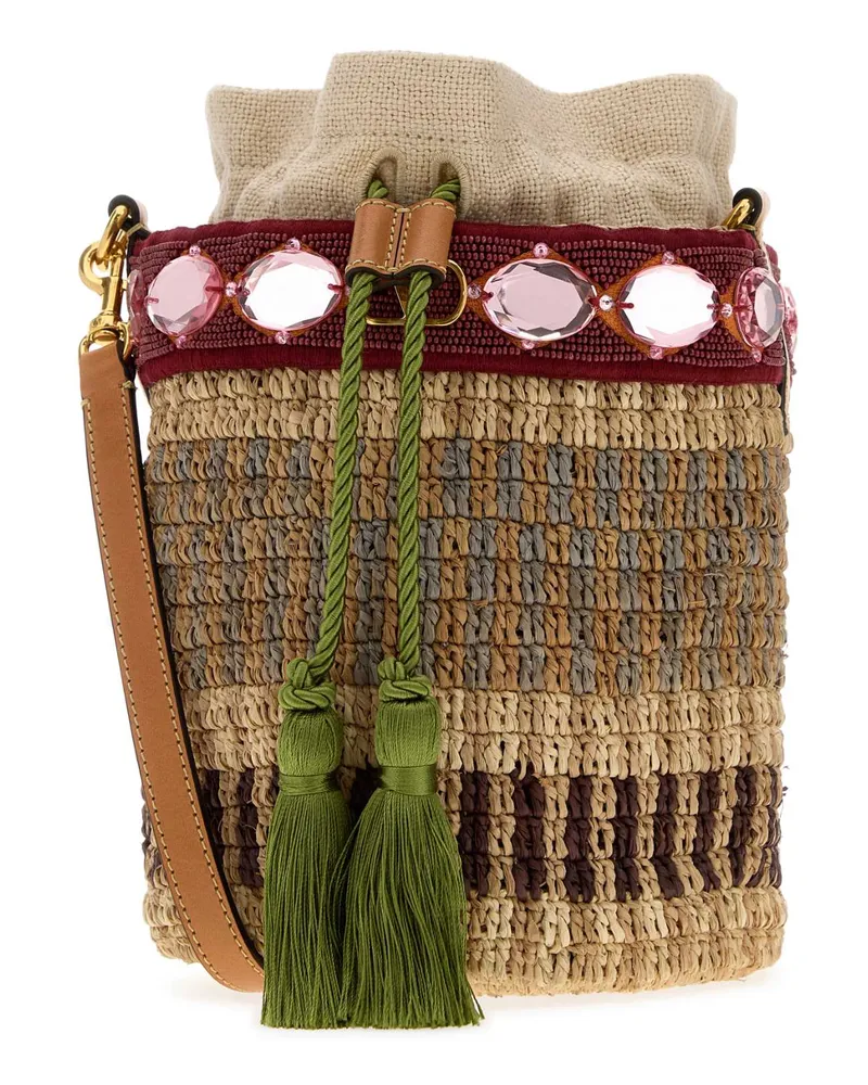 Valentino Garavani Women's Embroidered Raffia Vlogo Signature Bucket Bag Multicbeigemulticbrrednatncamver Borse A Secchiello Multicolor