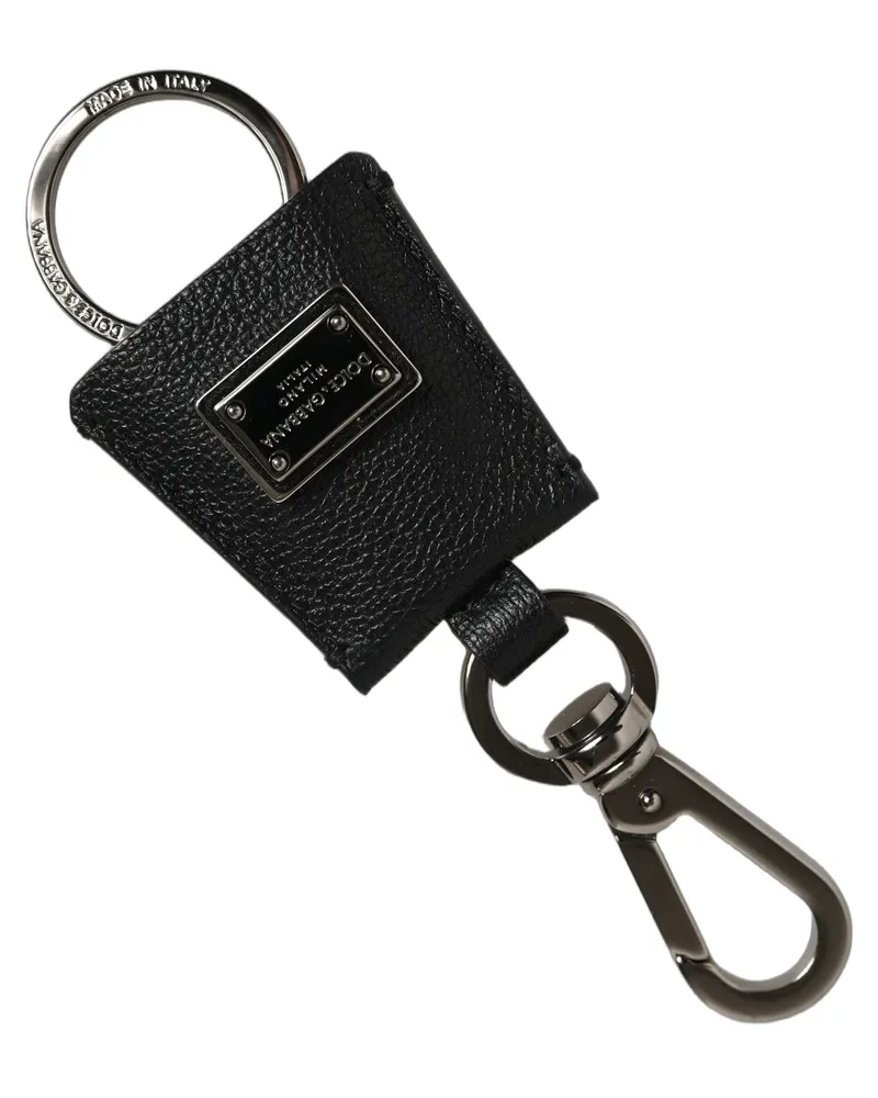 Dolce & Gabbana Women's Black Dauphine Leather Silver Metal Logo Plaque Keyring Accessory Black