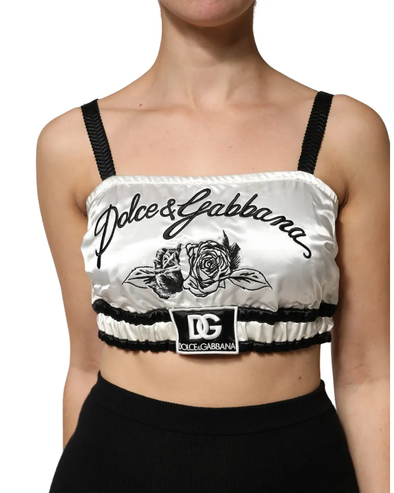 Dolce & Gabbana Women White Silk Satin Crop Black Logo Bralette Top Black-White Polyester Spandex Black/white White