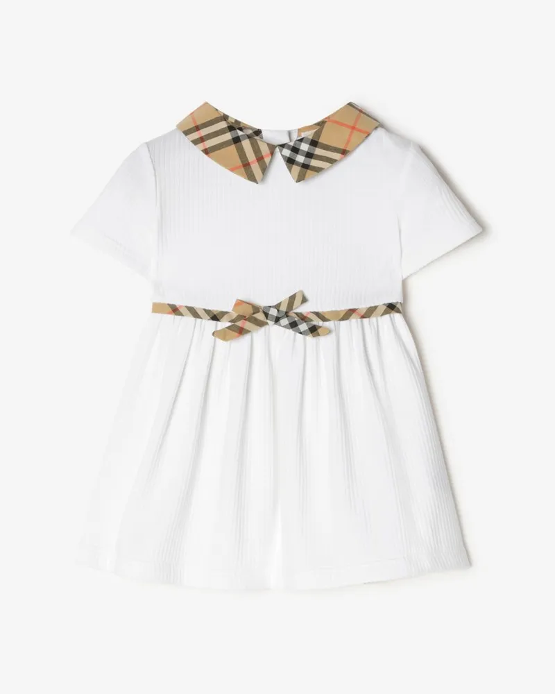 Burberry Stretchbaumwollkleid mit Check-Besatz und Höschen , Size Weiß