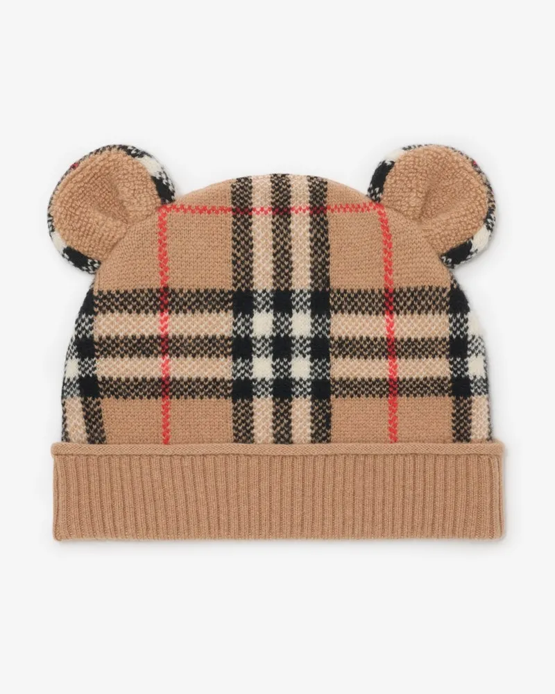 Burberry Woll-Kaschmir-Beanie in Check mit Teddyohren Sand-beige