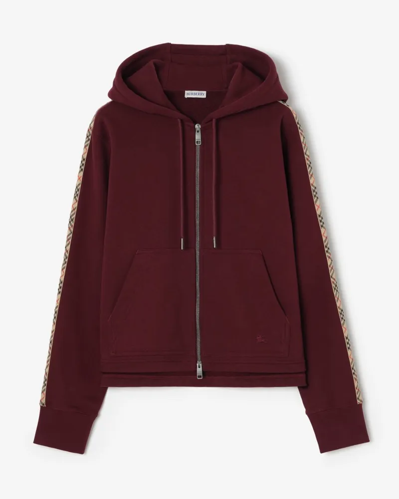 Burberry Baumwoll-Kapuzenpullover mit Check-Besatz und Reißverschluss Vinyard-rot