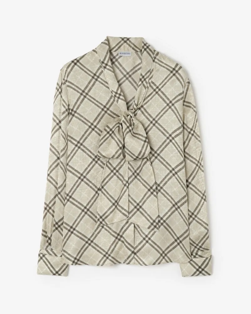 Burberry Seidenmischbluse in Check mit Schaldetail , Size Dove-grau