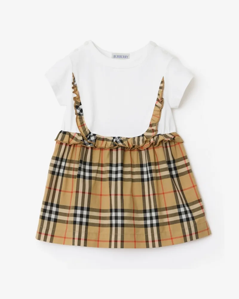 Burberry Stretchbaumwollkleid mit Check-Besatz und Höschen , Size Weiß