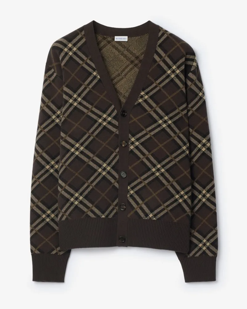 Burberry Woll-Kaschmir-Cardigan in Check Truffle-braun