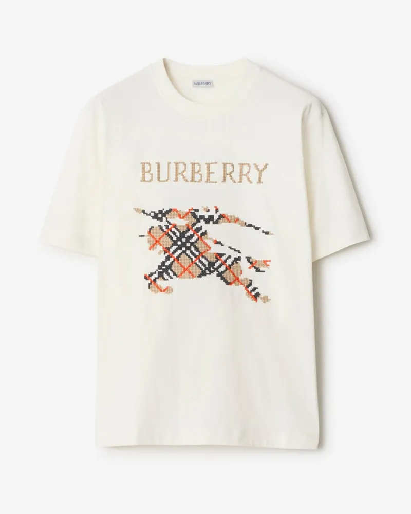 Burberry Baumwoll-T-Shirt mit Knight im Kreuzstich , Size Chalk