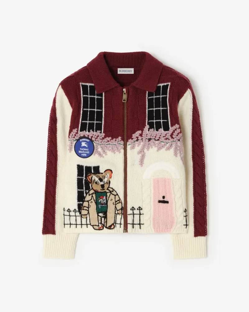 Burberry Woll-Kaschmir-Cardigan mit Bär und Townhouse , Size Claret-rot