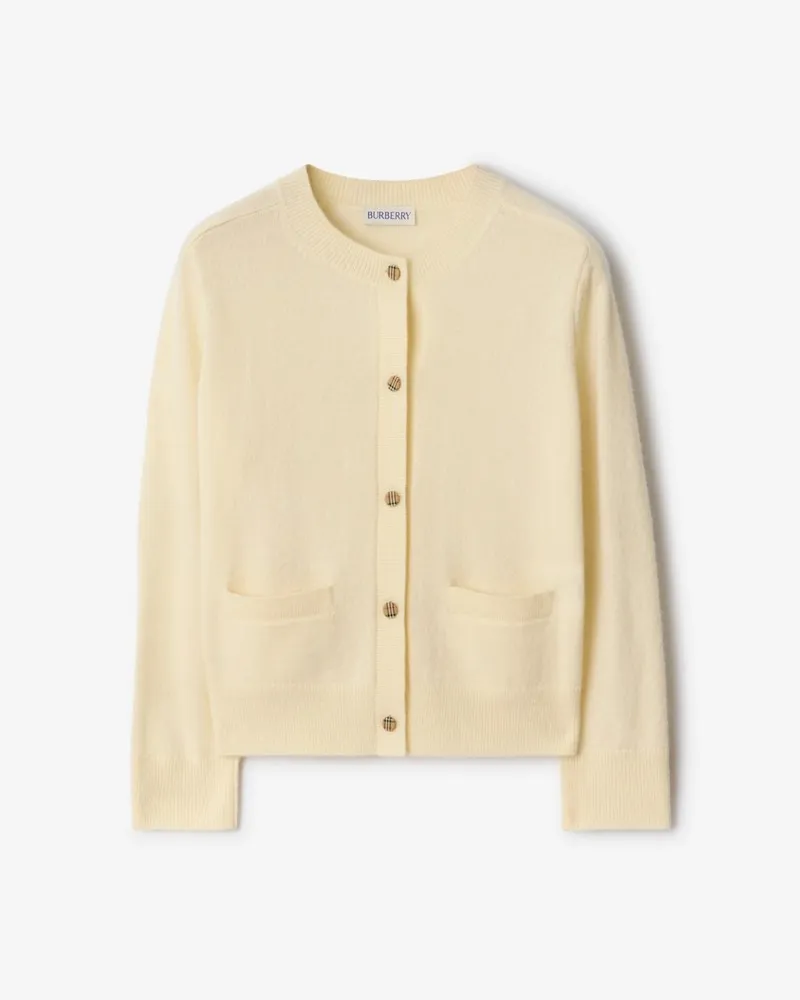 Burberry Woll-Kaschmir-Cardigan mit Check-Patch , Size Ivory